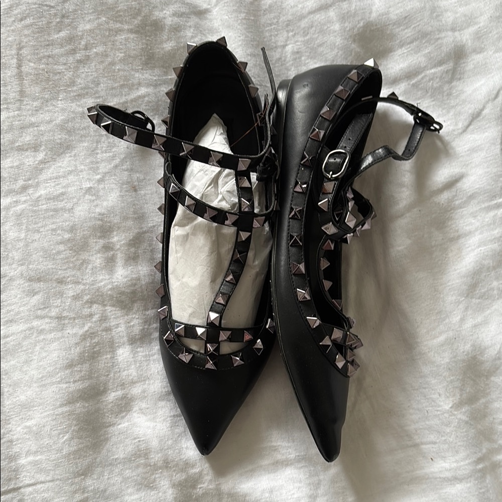 Studded Black Flats with Ankle Strap